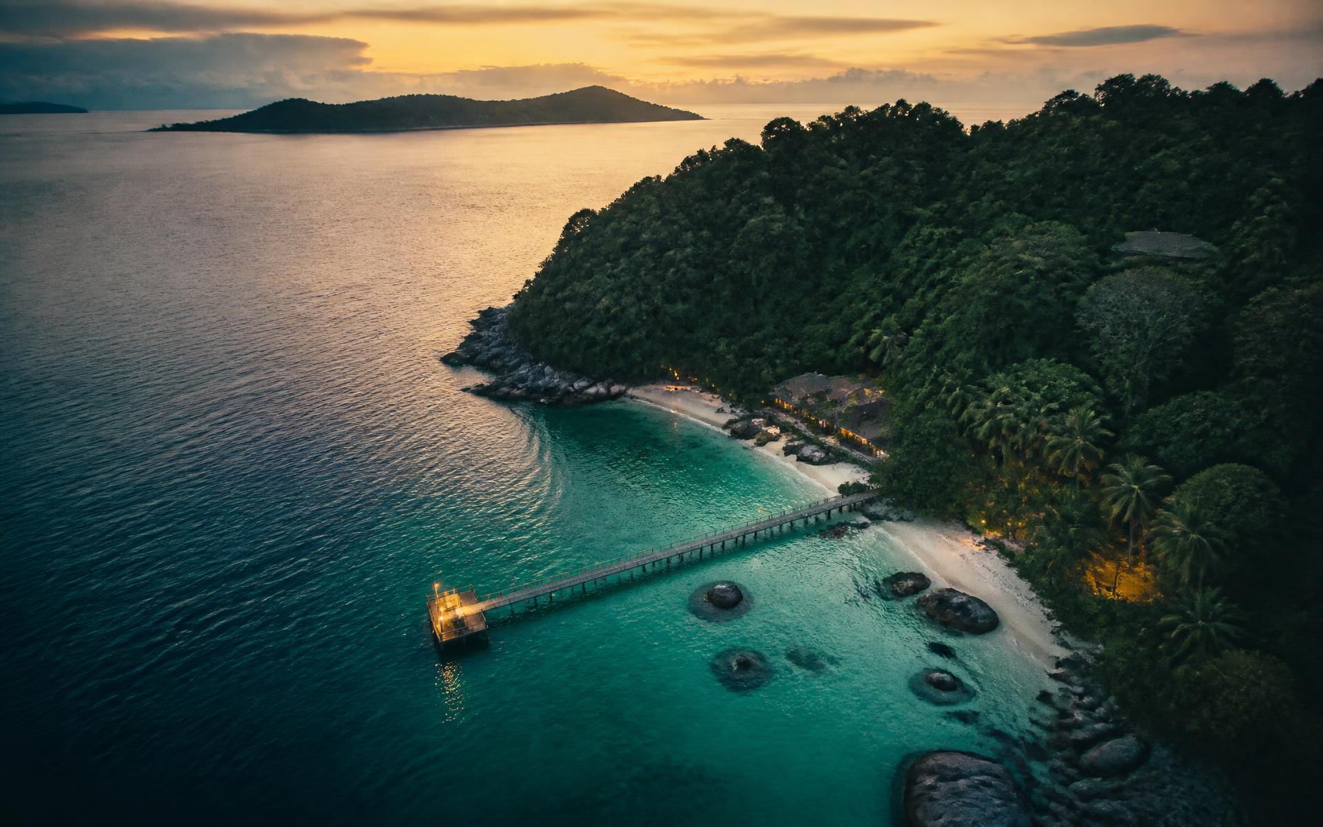 Aerial view of a Koh Kood cove at dusk